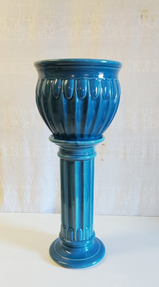 Kolom en wasbak in art-decostijl van blauw geglazuurd keramiek - midden 20e eeuw – Plantenbak, Ceramic (photo 5 of 10)