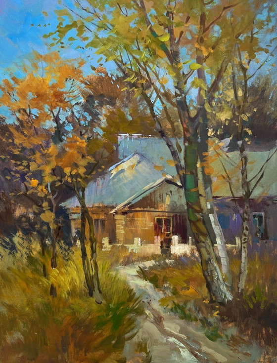 Image 1 of Original Oil Painting Autumn Village Landscape The rustle of autumn outside the window