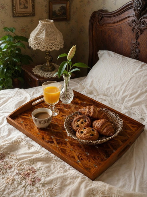 Bandeja grande con incrustaciones de madera de tuya limonera, artesanía marroquí de los años 80-90.