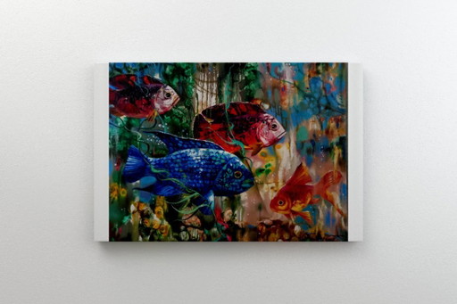 Original Oil Painting Abstract Expressionism Underwater World Fish – schilderijen tekeningen, Canvas (photo 2 of 8)