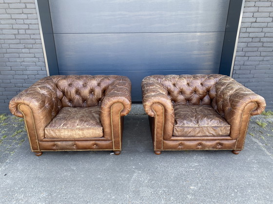 Image 1 of Ruime Chesterfield 3.5 + 1 + 1 zit bankstel sigaren cognac 