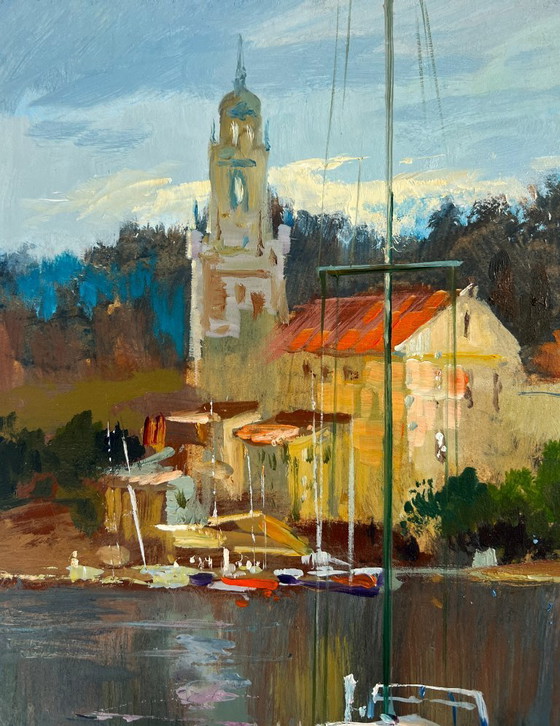 Image 1 of Original Oil Painting Coastal City Landscape Between the sea and the sky