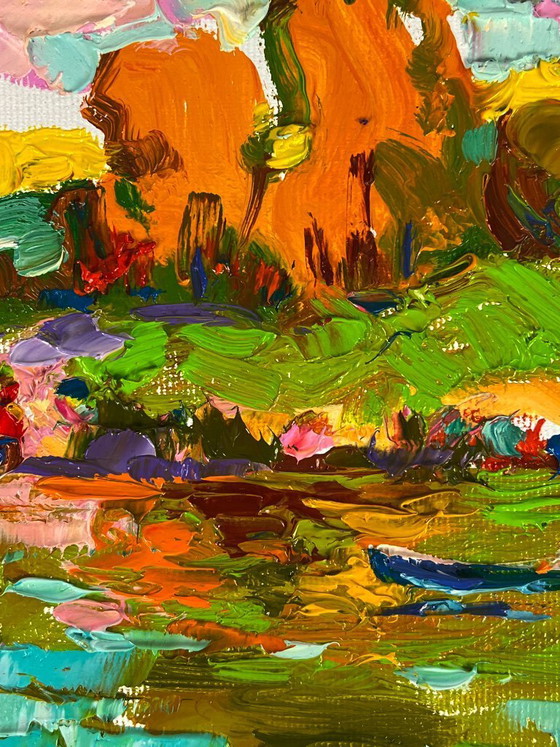 Image 1 of Pintura al óleo original: Paisaje natural, bosque, orilla del río Sunny