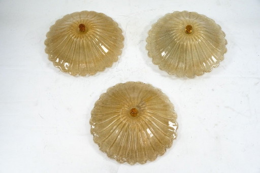 Set of three Large Italian Murano Glass Ceiling Lamps by Murano Due. Italy 1980s