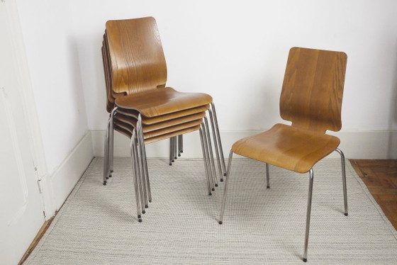 Image 1 of Chaises IKEA Gilbert en teck vintage, ensemble de 6 chaises de salle à manger empilables en contreplaqué de teck, style scandina