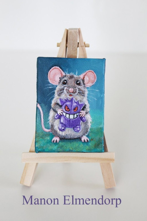 Pintura en miniatura única pintada a mano Ratón con Pokemon Gengar