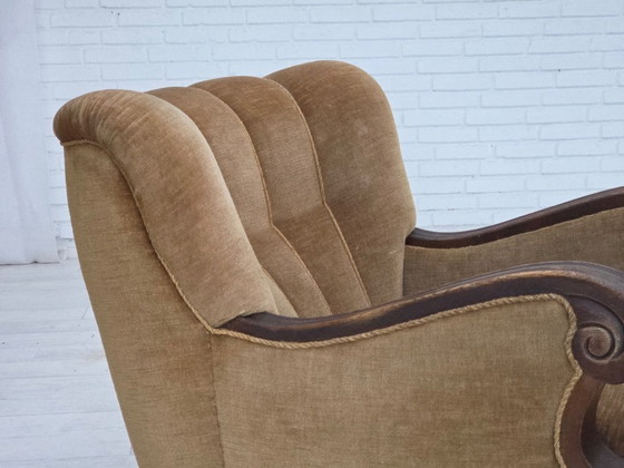 Image 1 of 1960s, Danish armchair, original green furniture velour, carved oak wood.