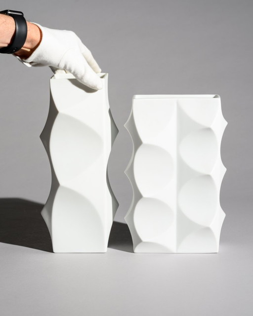 Heinrich Fuchs Lorenz Hutschenreuther “ARCHAIS” Bisque Porcelain Vase Duo Op-Art