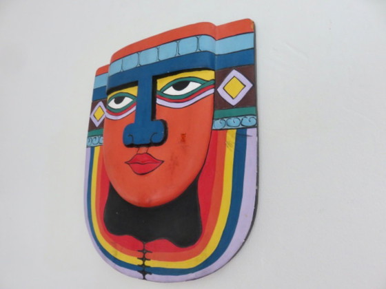 Image 1 of Masque aztèque « Laurel Burch », maya, bois peint à la main, pop art, 1980