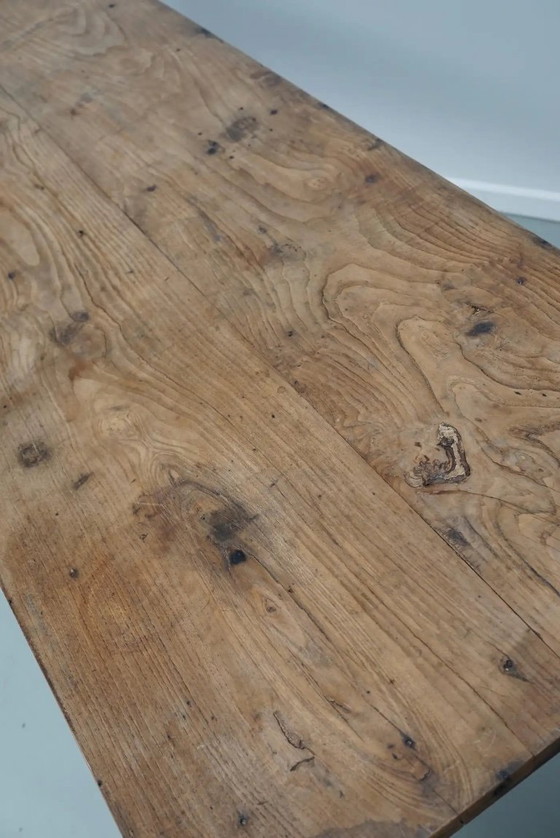 Image 1 of Antique French rustic farm table in light elm wood, 19th century