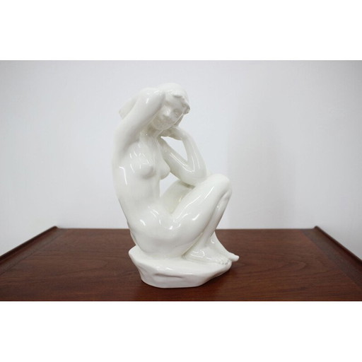 Vintage Art Deco ceramic sculpture of a seated nude woman, 1940