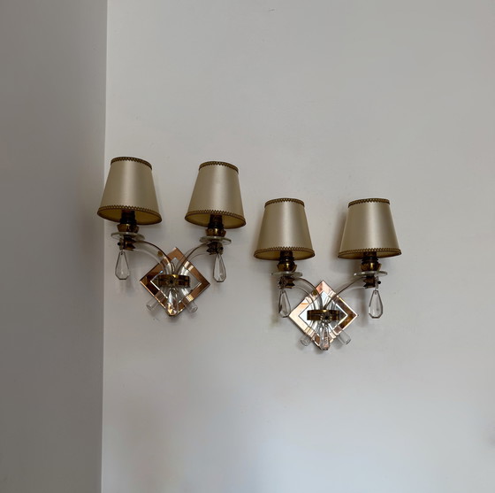 Image 1 of Art Deco crystal and brass mirror wall lights