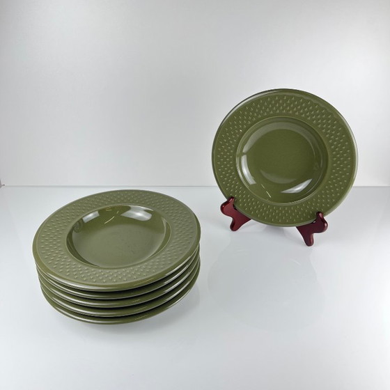Image 1 of Set of 6 Genevieve Lethu soup plates, "Grain de riz" model, green