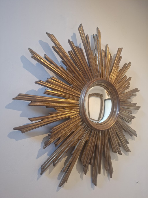 75cm wooden sun mirror from 1970. 18cm convex glass.