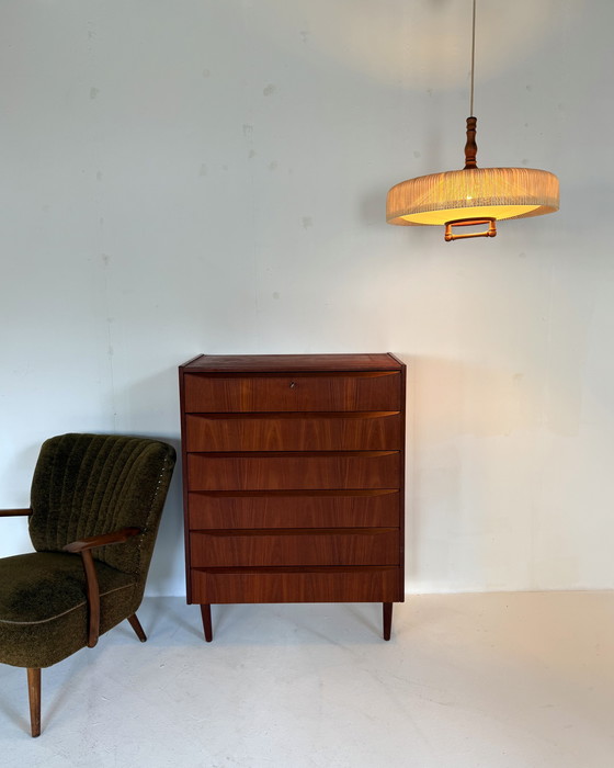 Image 1 of Lampada a sospensione vintage in teak e sisal, Temde Leuchten