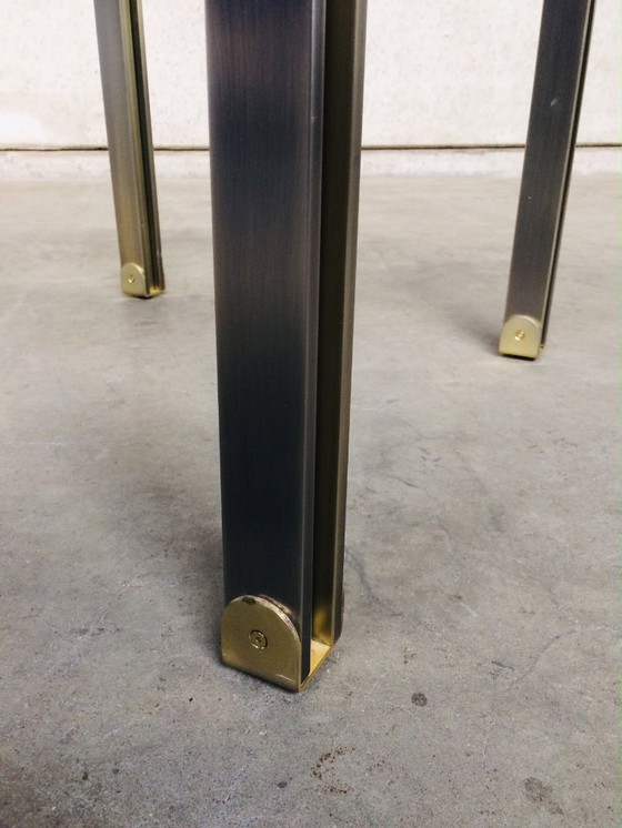 Image 1 of Tavolino da caffè quadrato in acciaio spazzolato e ottone dal design postmoderno, Belgio anni '80