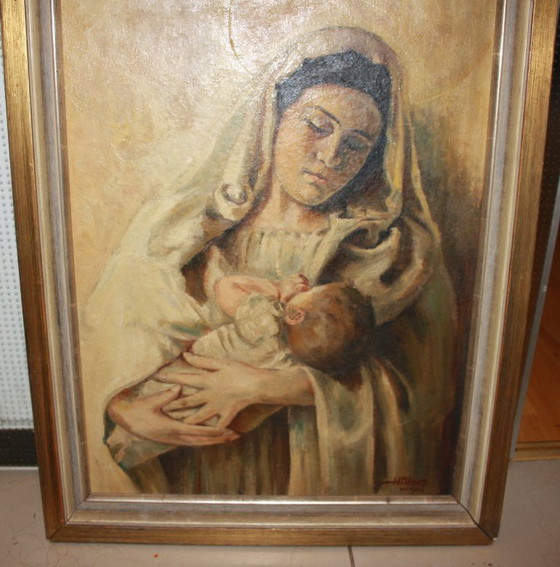 Image 1 of Virgen con el Niño - Pintura al óleo original firmada por Hillers