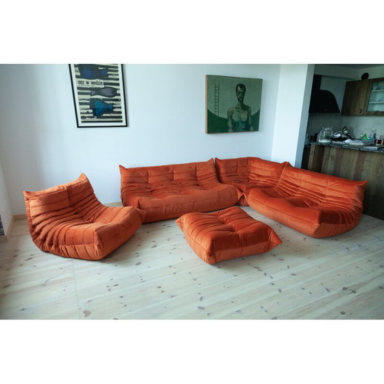 Image 1 of Ensemble salon vintage Togo en velours orange par Michel Ducaroy pour Ligne Roset, France 1973