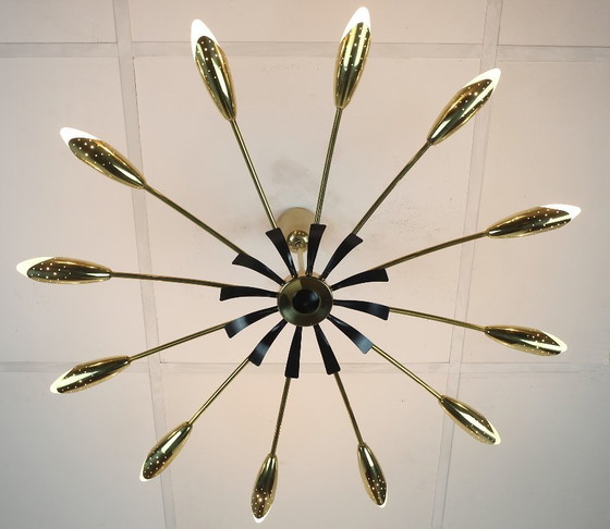 Image 1 of large 12-light sputnik spider ceiling light brass black metal 1950s mid century stilnovo era