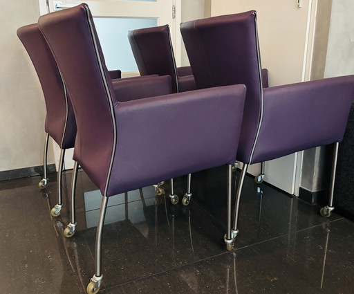6x Lango Leder Design Stühle - Aubergine mit Edelstahl & weichen Rollen