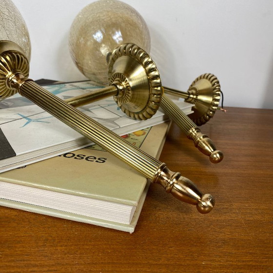 Pair of antique brass torch-style wall sconces with vintage gold crackled glass globes – Wall lights (photo 5 of 9)
