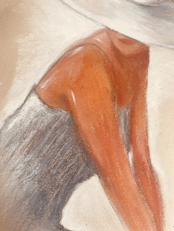 Image 1 of Pastel painting, portrait of a woman in a white hat, "full sunlight"