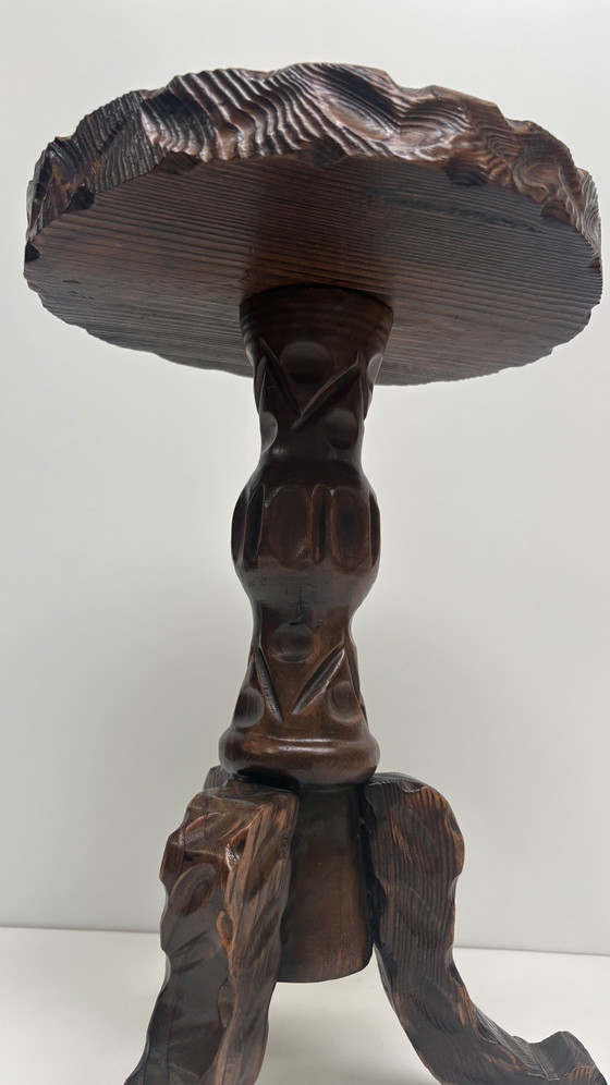 Image 1 of Vintage wooden hand-carved Spanish design side table Brutalist