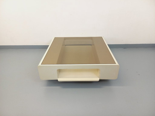 Vintage square coffee table in Space Age style, made of white wood and smoked glass, from the 1970s