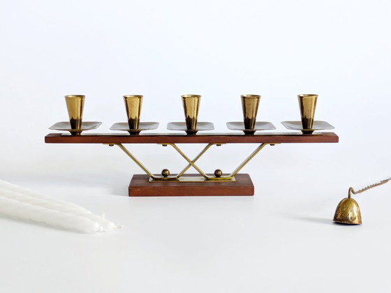 Image 1 of Midcentury Teak and Brass Candelabra for 5 candles | Germany, 1960s