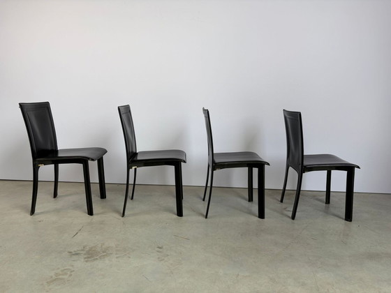 Vintage Zwart Lederen Eetkamerstoelen, Set Van 4 - Jaren 70 – Leather (photo 7 of 9)