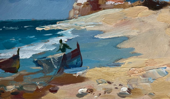 Image 1 of Peinture à l'huile originale, paysage marin d'été, bateaux au phare