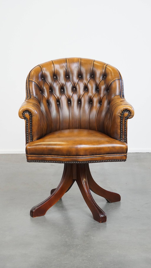 Chaise de bureau Chesterfield en cuir de bœuf pivotante de style anglais