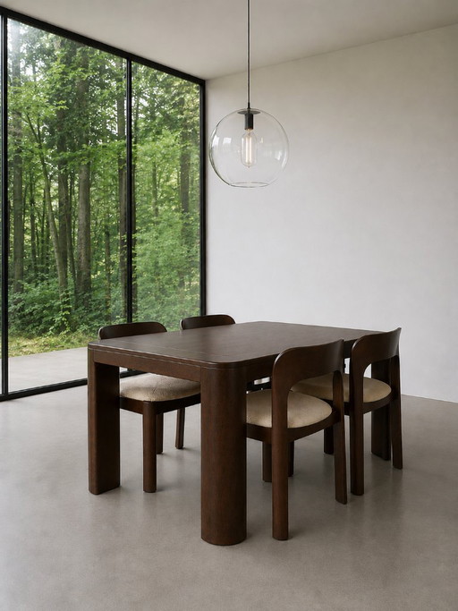Brutalistische Eetkamerset Jaren 70 – Textile, Wood