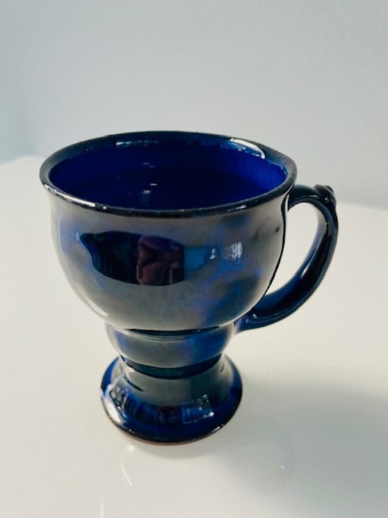 Image 1 of Servizio da tè scandinavo in ceramica blu cobalto: brocca e 2 tazze.