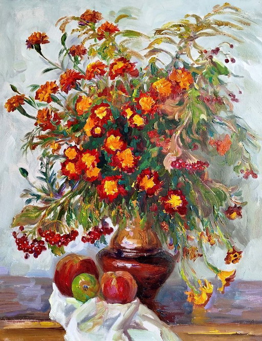 Pintura al óleo original Ramo de flores Manzanas Bodegón con caléndulas