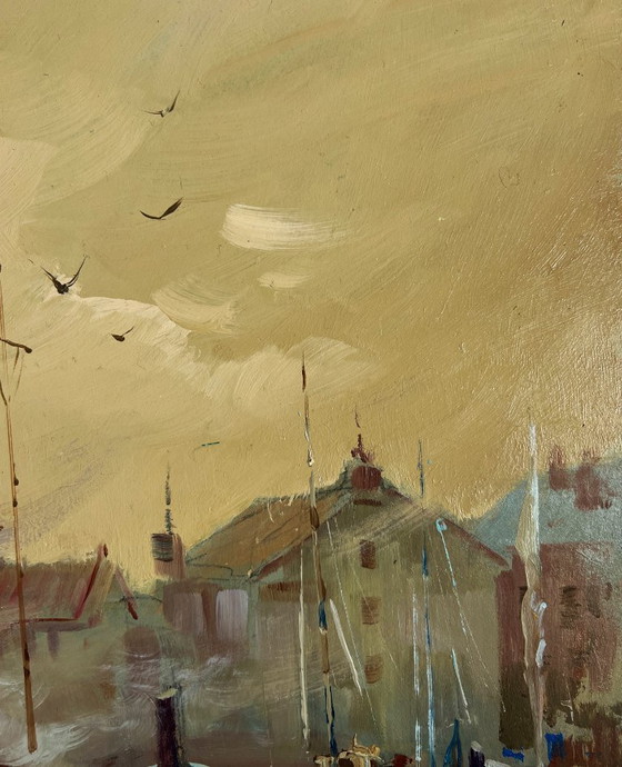 Image 1 of Pintura al óleo original Paisaje urbano al atardecer Atardecer en el muelle
