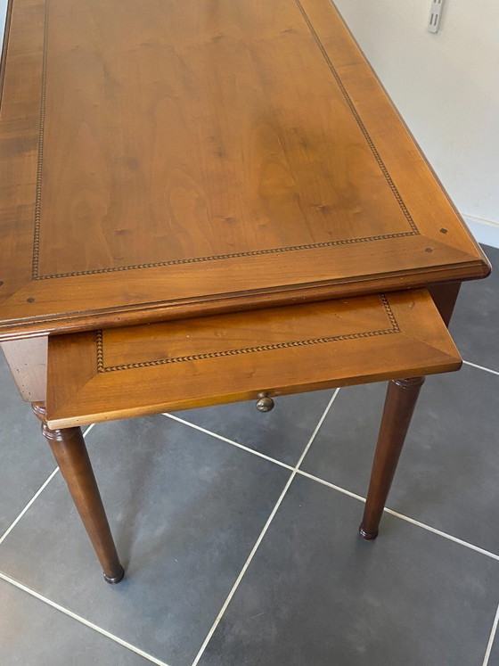 Image 1 of Bureau ancien merisier et marqueterie 2 tiroirs et 2 tablettes 112x60 h76cm
