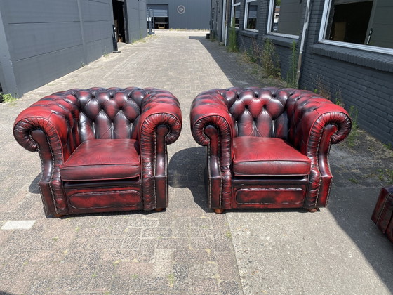 Sofá de 3+1+1 plazas color rojo burdeos – Chesterfield, Leather, Wood (photo 3 of 7)