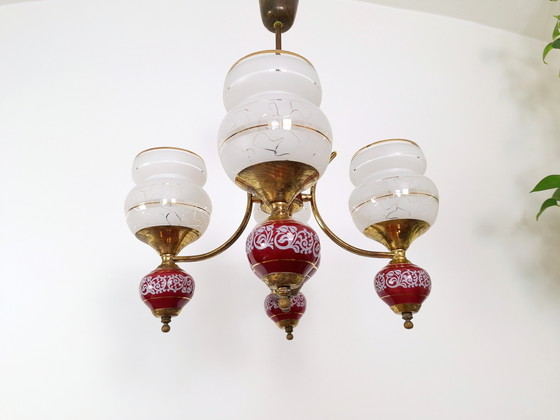 Image 1 of Vintage kroonluchter, 4 Arm Messing Keramiek en Glas Plafondlamp, Vintage Licht Armatuur, 70s Hanglamp, Mid Century Modern Lam