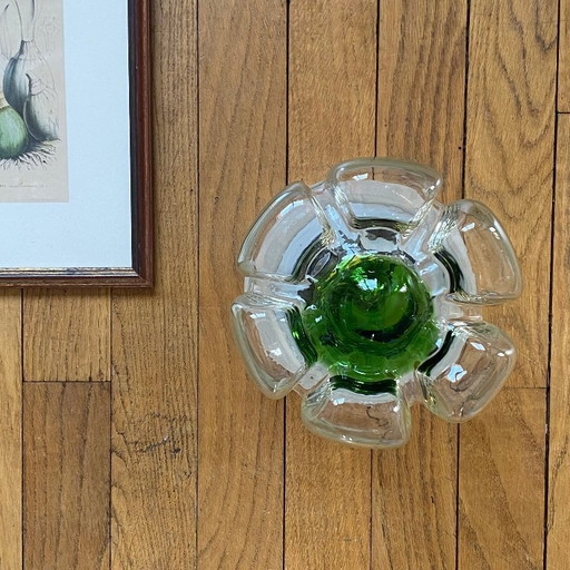 Lampada da soffitto vintage in vetro di Murano di Mazzega, fiore verde e acciaio inossidabile