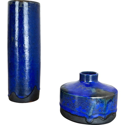 Paire de vases en céramique vintage "Blue" de Gerhard Liebenthron, Allemagne, années 1970