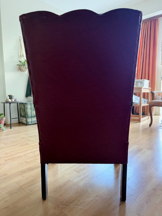 Red armchair with wooden armrests, Textile, Vintage (photo 4 of 5)
