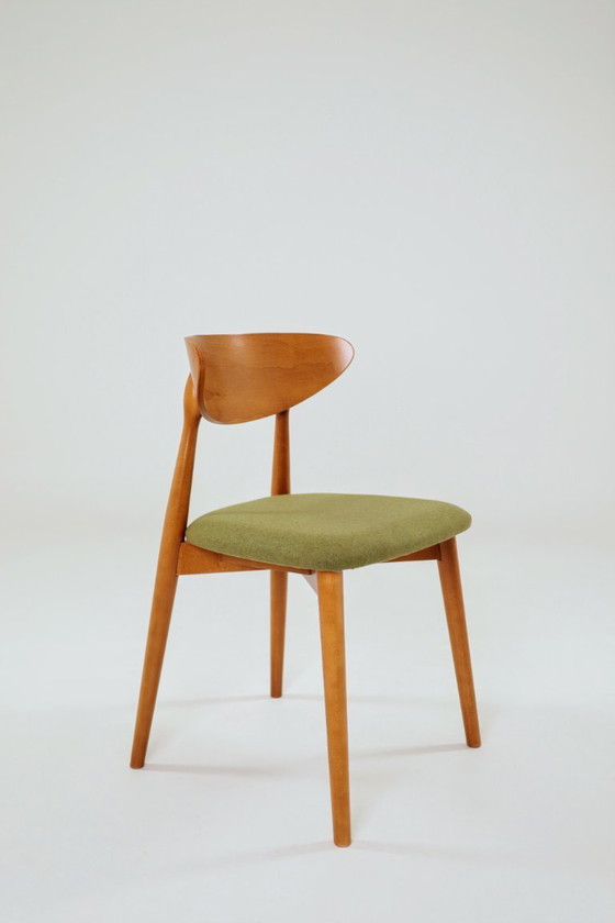 Image 1 of Eetkamerstoelen set van 4 natuurlijk hout, bekleding van groene wol