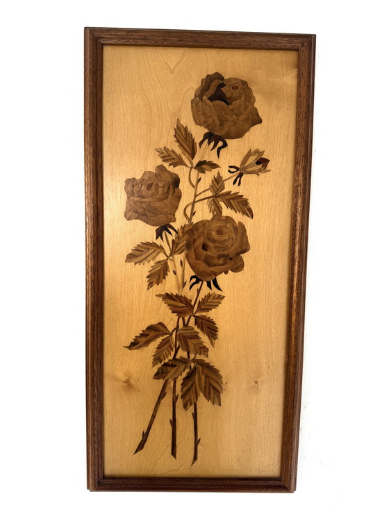Image 1 of Vintage houten handwerk schilderij met rozen ‘60