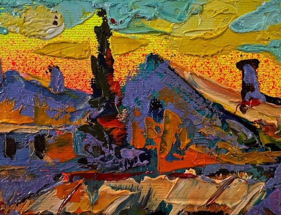 Image 1 of Original Oil Painting Sunset Sky Landscape Evening Over The City