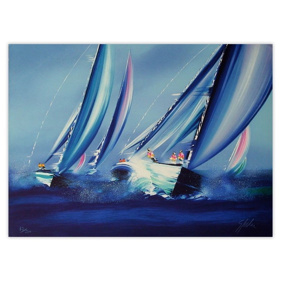 Image 1 of Victor SPAHN Il passaggio del traguardo in una regata Litografia firmata 1995