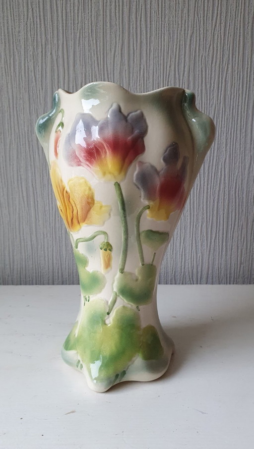Jarrón Barbotine Francés St. Clément - Estilo Art Nouveau 26 cm