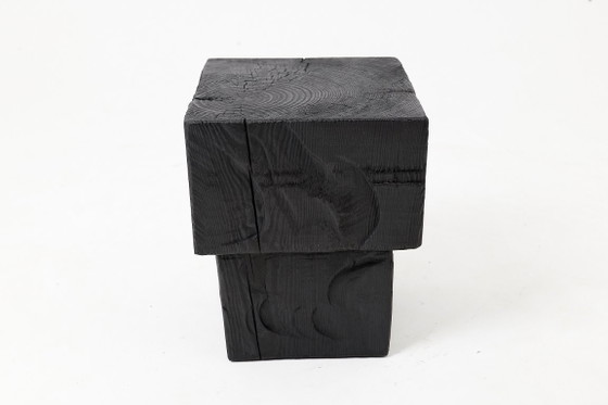 Rustic Sculptural Side Table / Stool, Burnt Black Oak Wood, Carved, Unique, Logniture (photo 2 of 9)