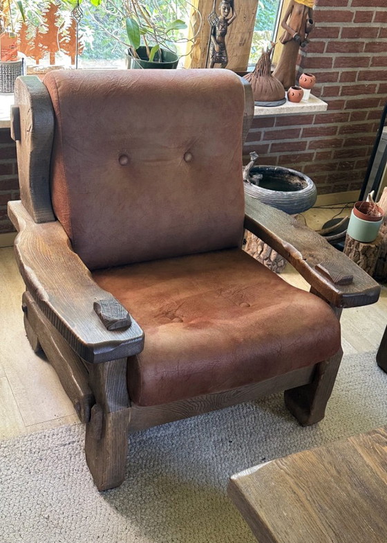 Rustieke houten zitgroep met bruine bekleding, Zithoek, Textiel, Rustic (foto 3 van 15)