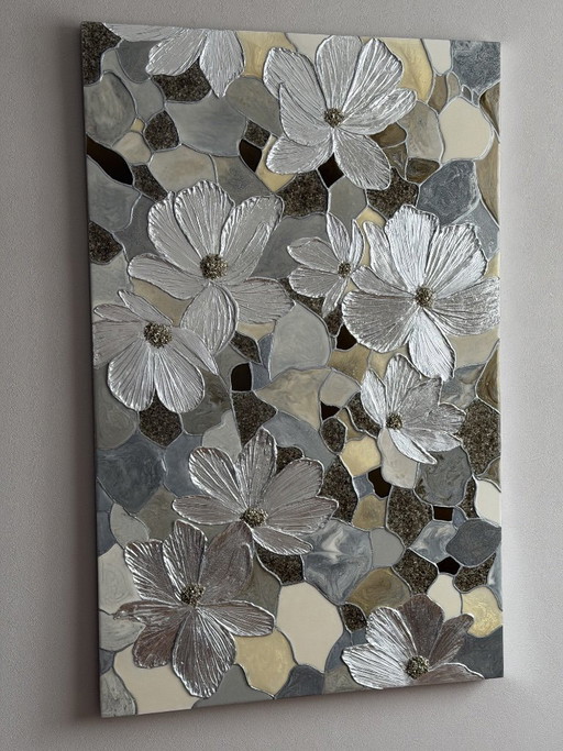 Luxury 3D Silver Flower Wall Art – Resin Mosaic Painting